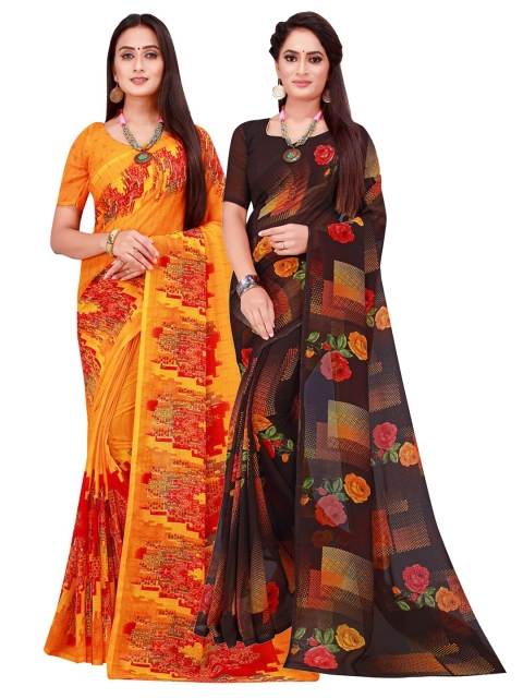 

KALINI Orange & Black Pack of 2 Floral Pure Georgette Saree