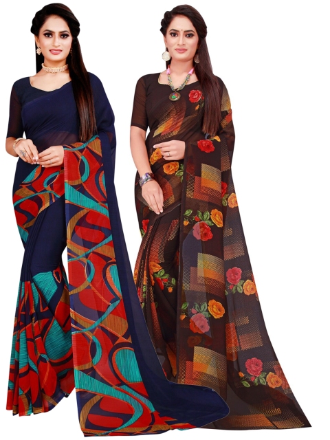 

KALINI Navy Blue & Black Set Of 2 Pure Georgette Saree