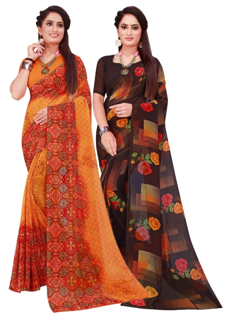 

KALINI Set Of 2 Orange & Brown Ethnic Motifs Pure Georgette Saree