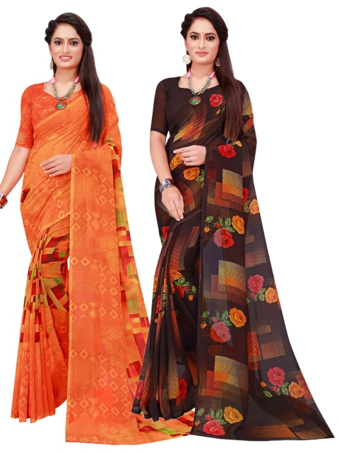 

KALINI Orange & Black Pack of 2 Floral Pure Georgette Saree