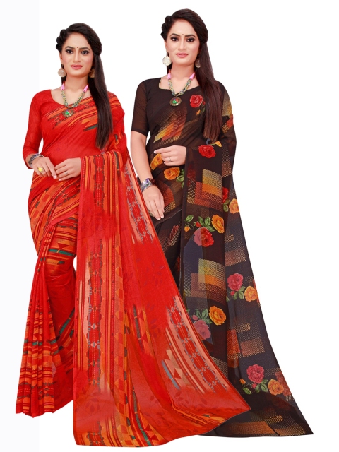 

KALINI Red & Brown Pack of 2 Floral Pure Georgette Saree