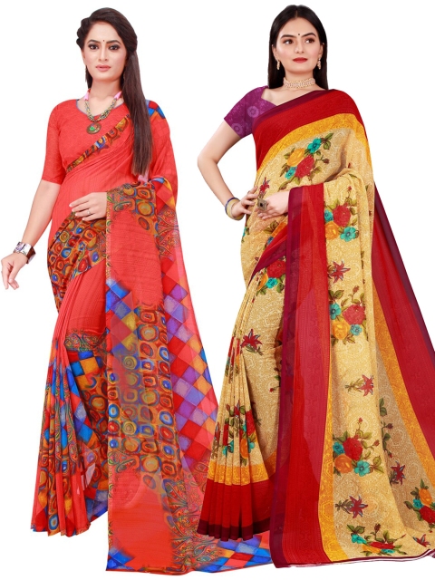 

Florence Beige & Red Floral Pure Georgette Saree