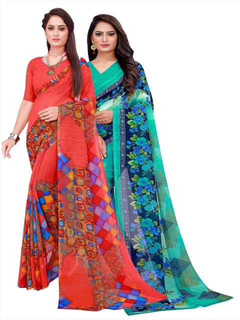 

Florence Turquoise Blue & Red Pure Georgette Saree