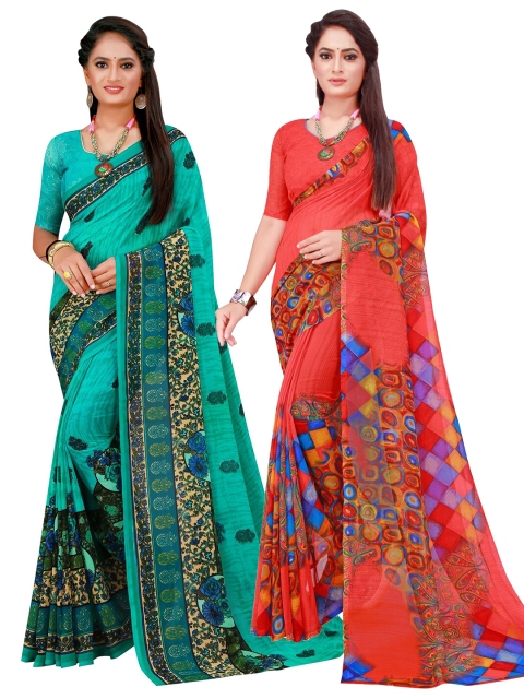 

Florence Red & Turquoise Blue Pure Georgette Saree