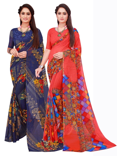 

Florence Red & Blue Floral Pure Georgette Saree