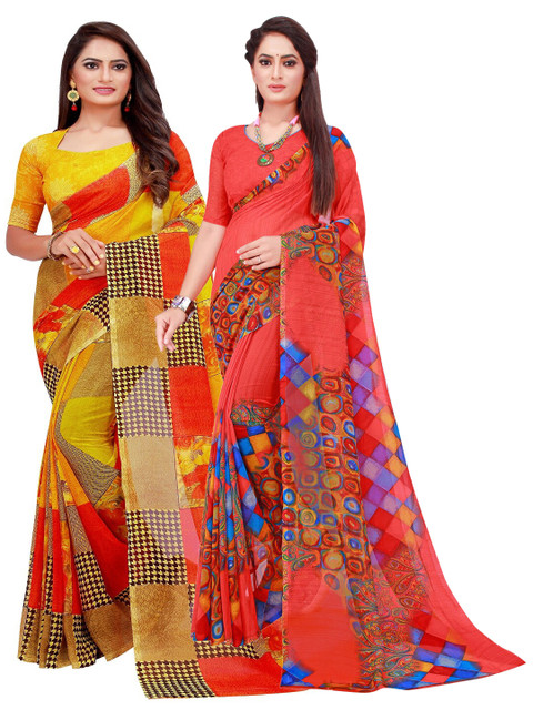 

Florence Red & Yellow Floral Pure Georgette Saree