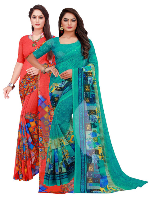 

Florence Turquoise Blue & Red Pure Georgette Saree