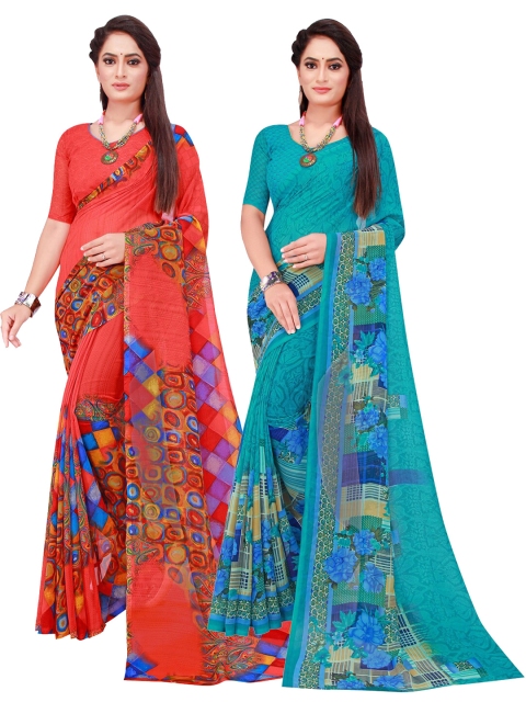 

Florence Turquoise Blue & Red Pure Georgette Saree