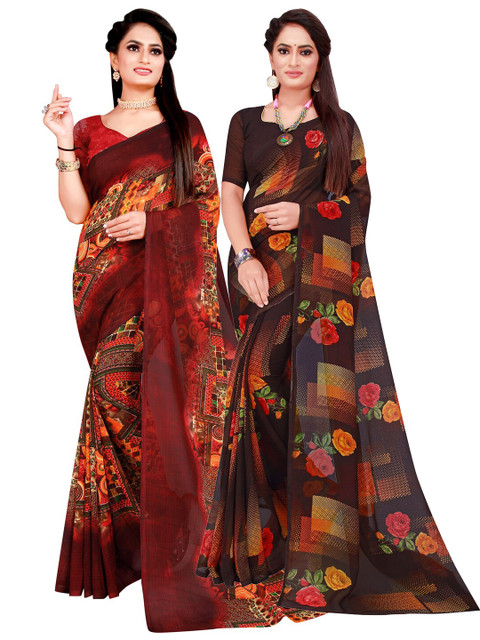 

Florence Pack Of 2 Brown & Red Pure Georgette Saree