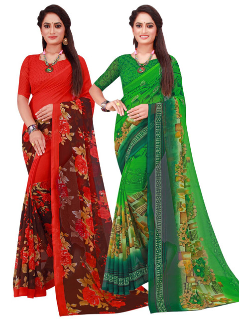 

SAADHVI Green & Red Pure Georgette Saree