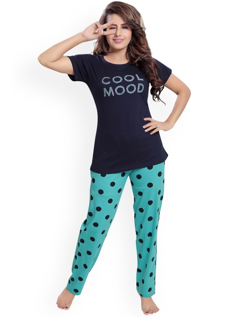 

Ever Loved Women Navy Blue & Turquoise Blue Printed Night suit