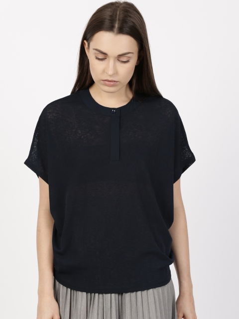 

ether Women Navy Blue Solid Sheer Boxy Top