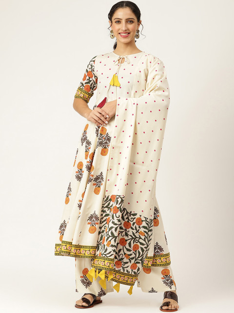 

Rustorange Women Off White Floral Printed Empire Gotta Patti Kurti with Skirt & With Dupatta