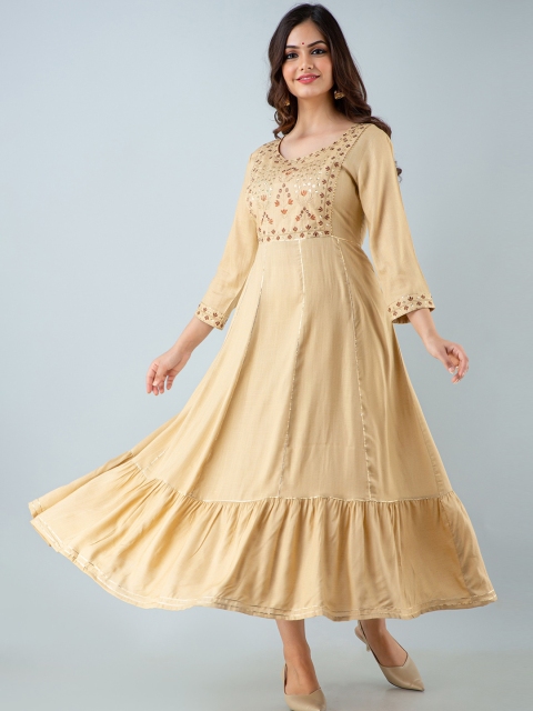 

NITVAN Women Brown Embroidered Flared Sleeves Thread Work Anarkali Kurta