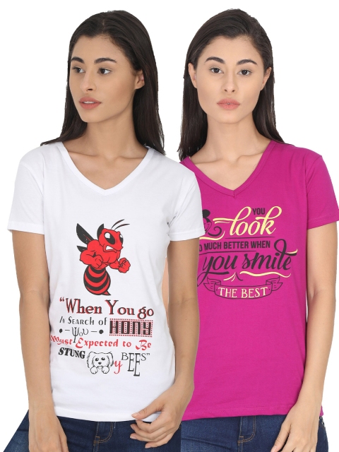 

Fleximaa Women White & Magenta Pack Of 2 Typography Printed V-Neck T-shirts