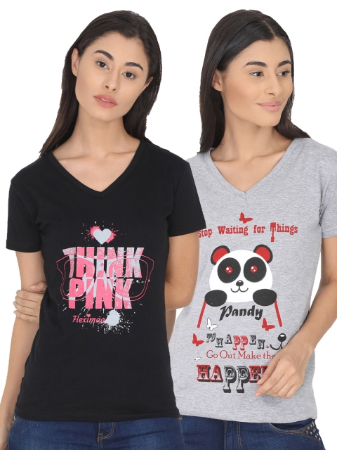 

Fleximaa Women Black & Grey Set Of 2 Printed V-Neck T-shirt