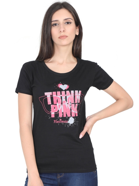 

Fleximaa Women Black Typography Printed Cotton T-shirt