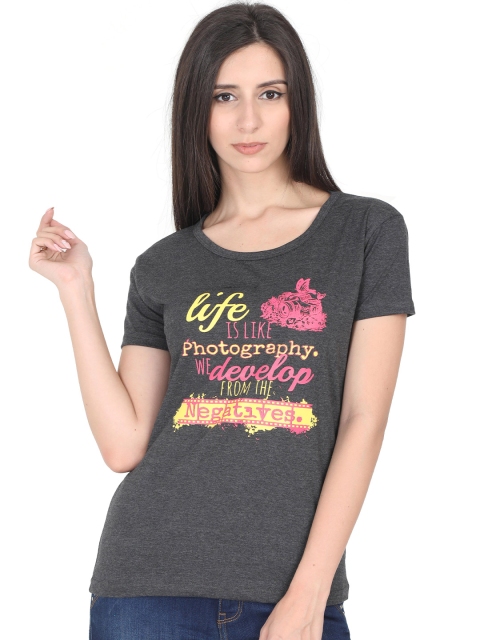 

Fleximaa Women Charcoal Typography Printed Cotton T-shirt