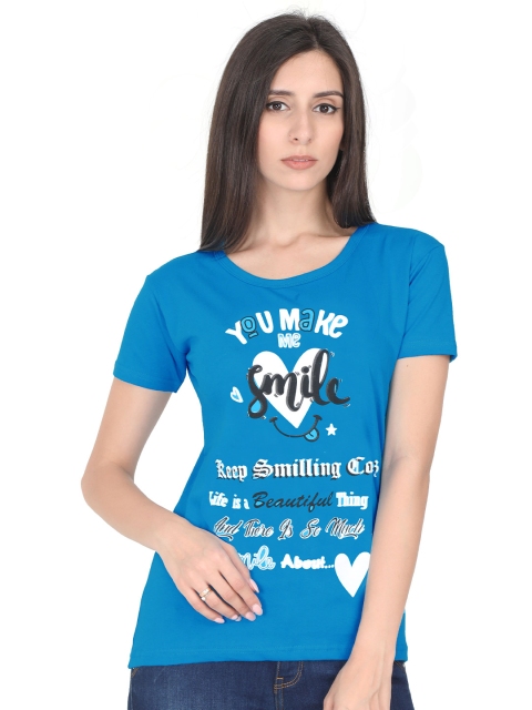 

Fleximaa Women Blue Typography Printed Cotton T-shirt
