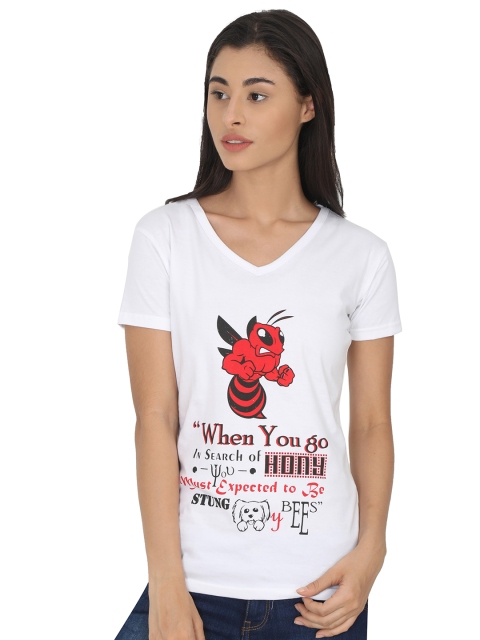 

Fleximaa Women White Typography Printed V-Neck T-shirt
