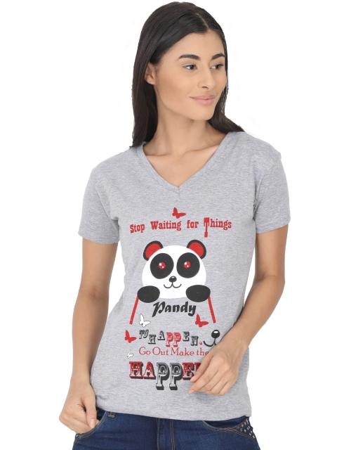 

Fleximaa Women Grey Melange Typography Printed V-Neck Cotton T-shirt