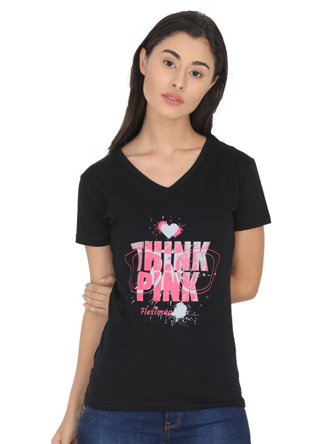 

Fleximaa Women Black Printed V-Neck T-shirt