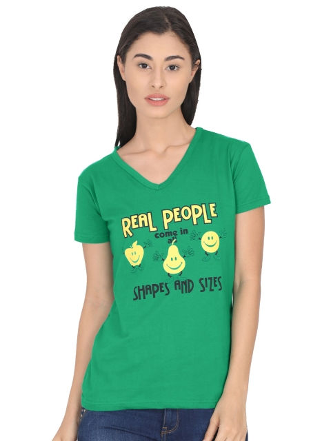 

Fleximaa Women Green Printed V-Neck Cotton T-shirt
