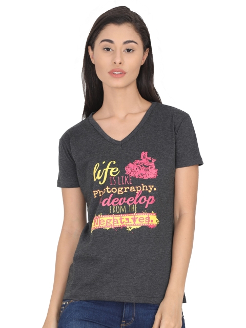 

Fleximaa Women Charcoal Grey Typography Printed V-Neck T-shirt