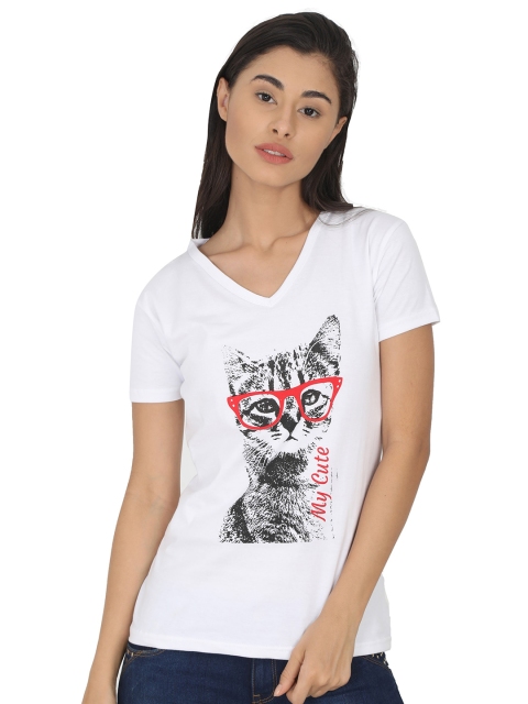 

Fleximaa Women White Printed V-Neck T-shirt