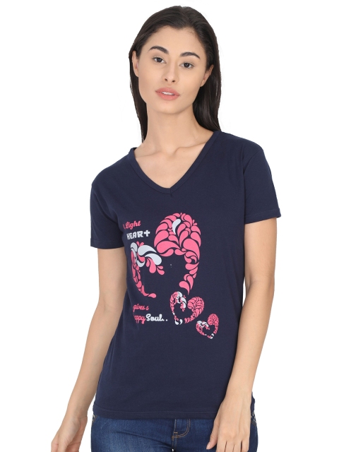 

Fleximaa Women Navy Blue Printed V-Neck Cotton T-shirt
