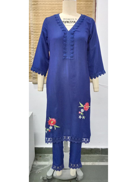 

Sangria Women Blue Embroidered Layered Kurti with Trousers & With Dupatta