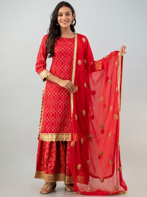 

Fusion Threads Women Red Ethnic Motifs Embroidered High Slit Kurta with Skirt & With Dupatta
