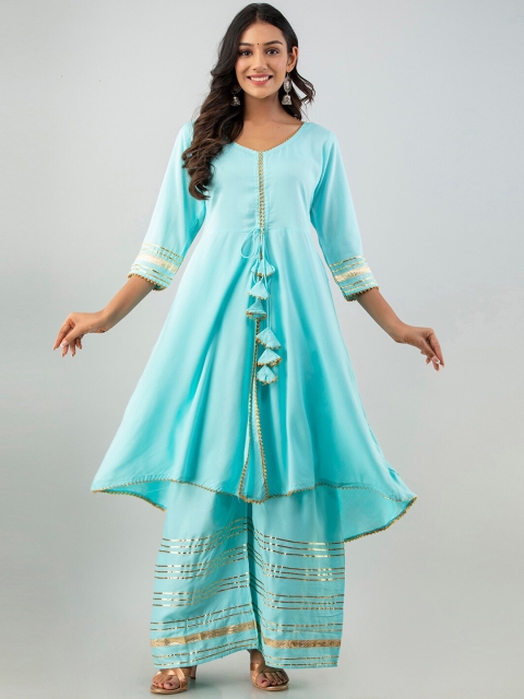 

Fusion Threads Women Blue Ethnic Motifs Empire Kurti with Sharara & With Dupatta
