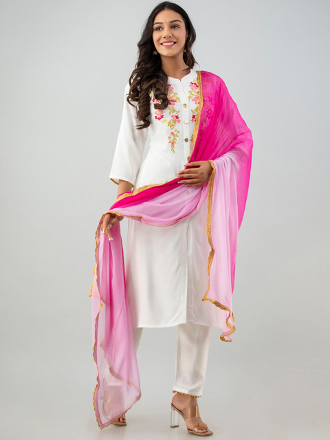 

Fusion Threads Women White Yoke Design Panelled Kurti with Trousers & With Dupatta