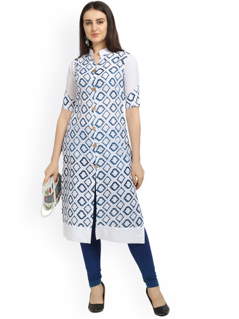 

Fashion Booms Women White Geometric Printed Thread Work Kurta