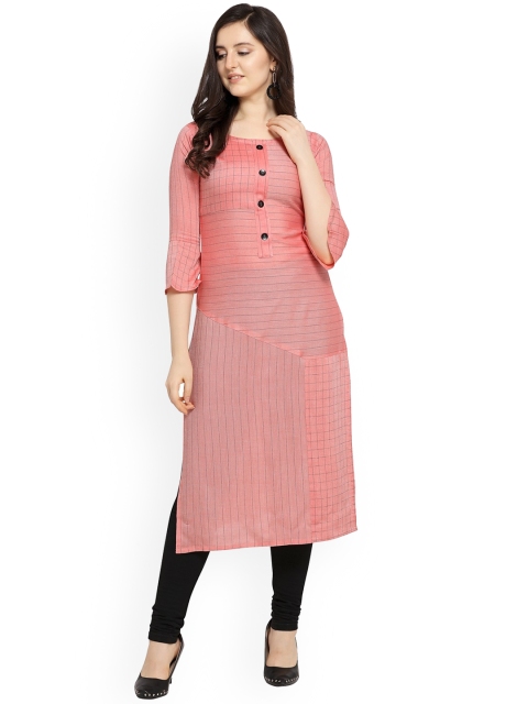 

Fashion Booms Women Pink Striped Keyhole Neck Kurta