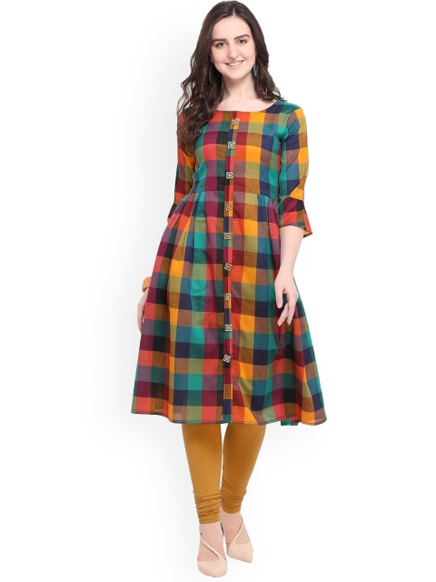 

Fashion Booms Women Multicoloured Checked Flared Sleeves Thread Work Kurta, Multi