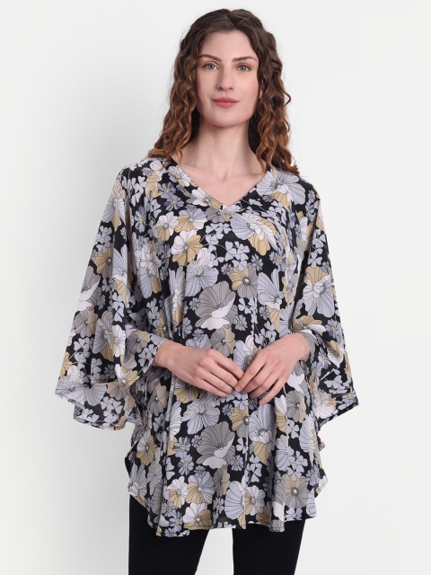 

MINGLAY Black Floral Print Kaftan Longline Top