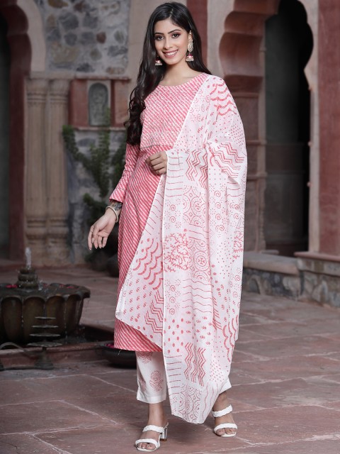 

Juniper Women Red Leheriya Printed Kurta with Trousers & With Dupatta