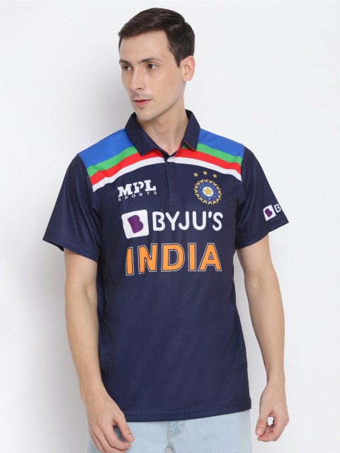 

MPL SPORTS Men Blue Typography Printed Polo Collar Applique T-shirt