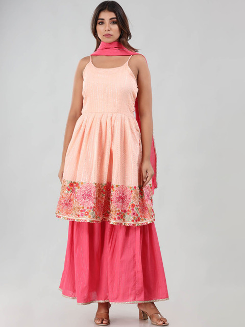 

FASHION DWAR Women Pink Floral Empire Chanderi Cotton Kurti with Sharara & With Dupatta