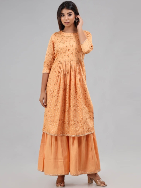 

FASHION DWAR Women Brown Embroidered Tiered Kurti with Sharara & With Dupatta