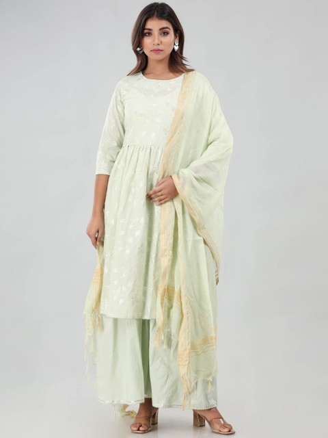 

FASHION DWAR Women Green Embroidered Pure Cotton Kurta With Palazzos & Dupatta