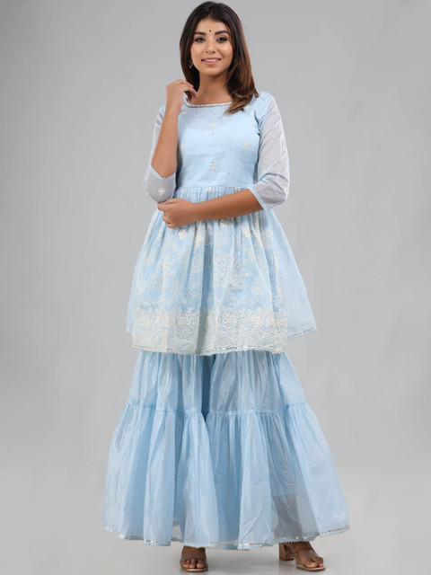 

FASHION DWAR Women Blue Ethnic Motifs Embroidered Empire Chanderi Cotton Kurta with Sharara & With Dupatta