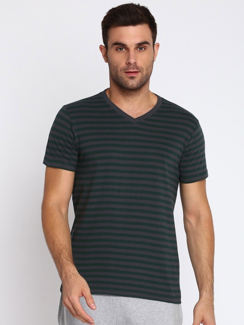 

SPARROWHAWK Men Grey & Green Striped V-Neck T-shirt
