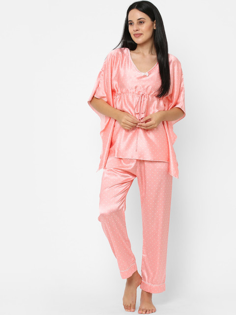 

Sweet Dreams Women Peach-Coloured & White Polka Dots Printed Satin Kaftan Night Suit