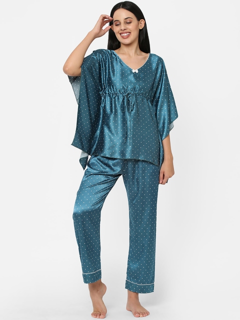 

Sweet Dreams Women Teal & White Printed Satin Night Suit