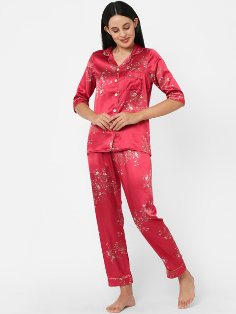 

Sweet Dreams Women Red & White Floral Printed Satin Night Suit