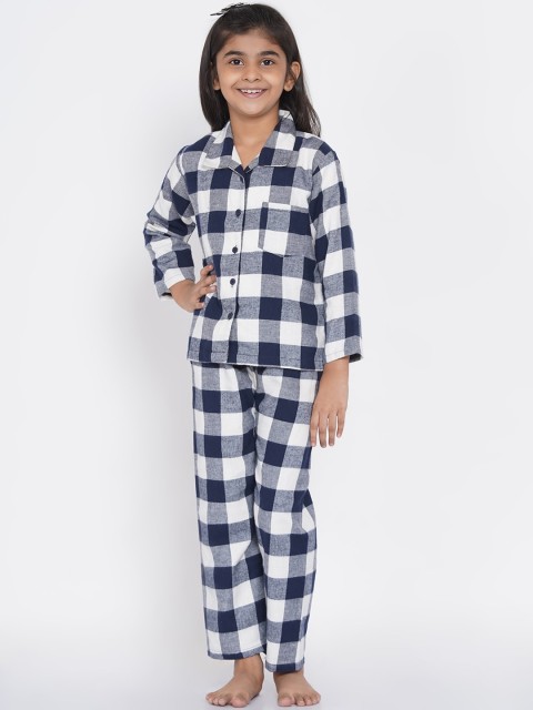 

berrytree Girls Navy Blue & White Checked Night suit