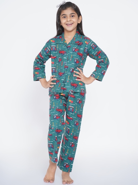 

berrytree Girls Green & Red Cars Printed Cotton Night suit